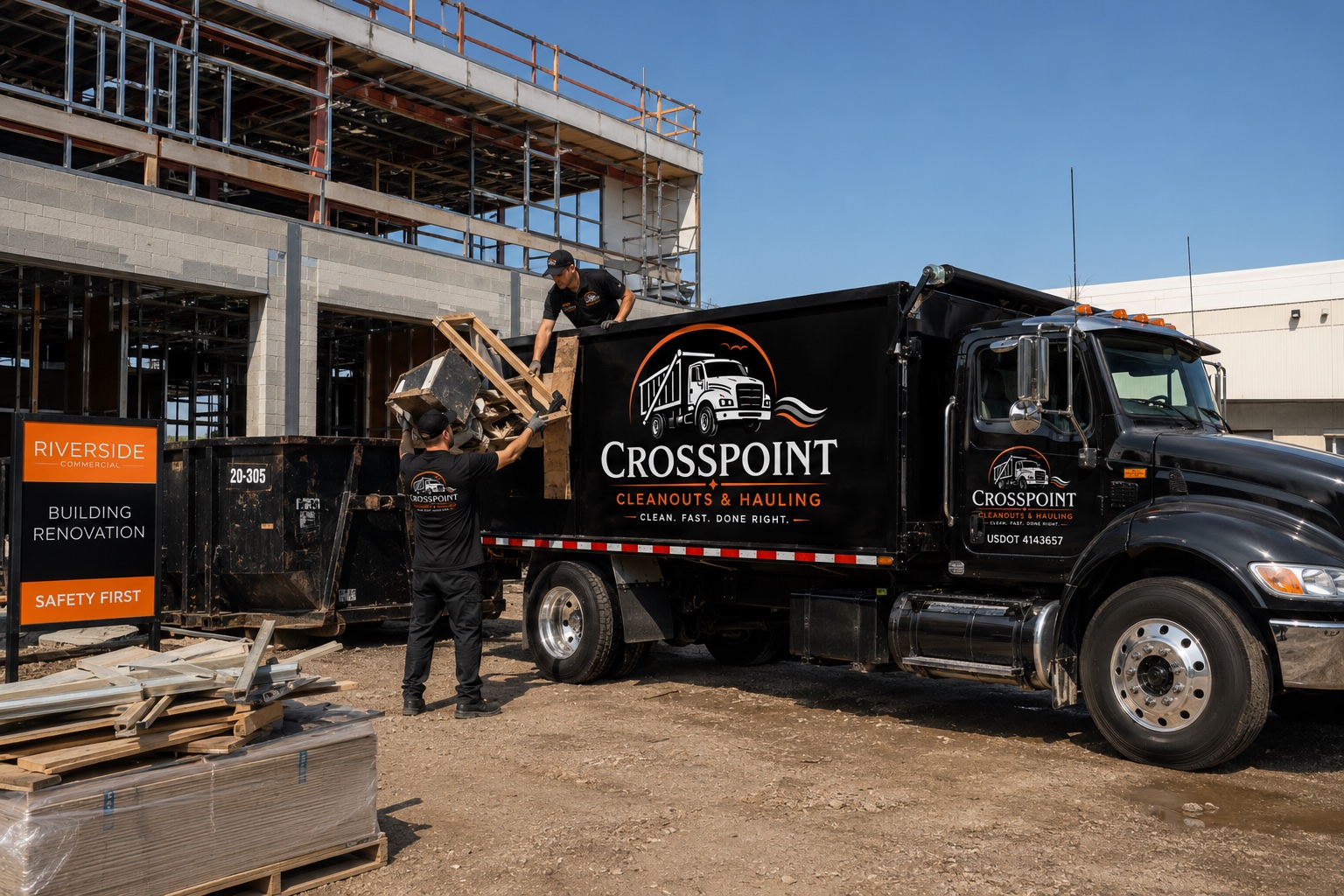 Crosspoint crew loading construction debris into a branded hauling truck.